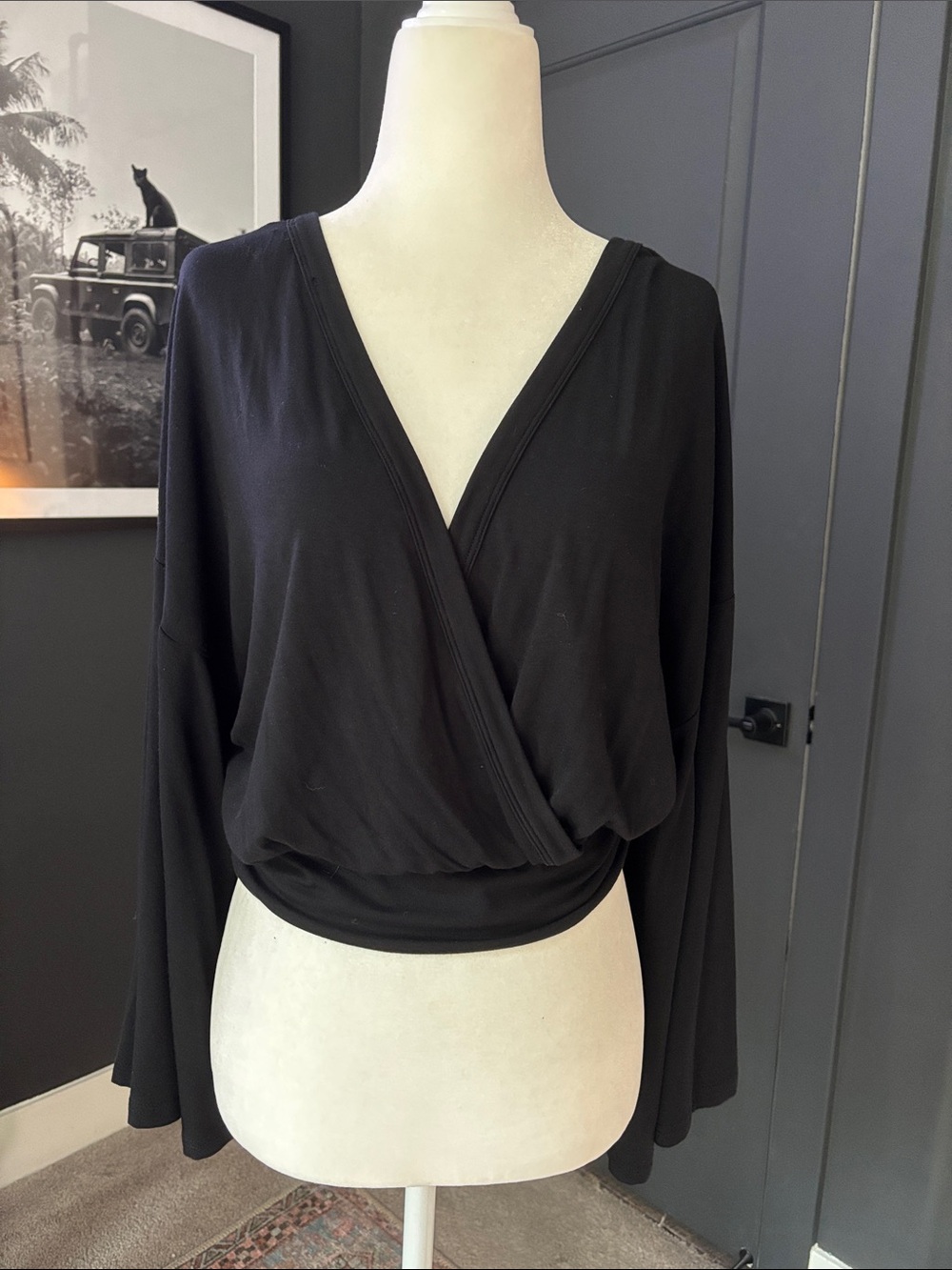 Women’s Black Surplice Wrap Long-Sleeve Top